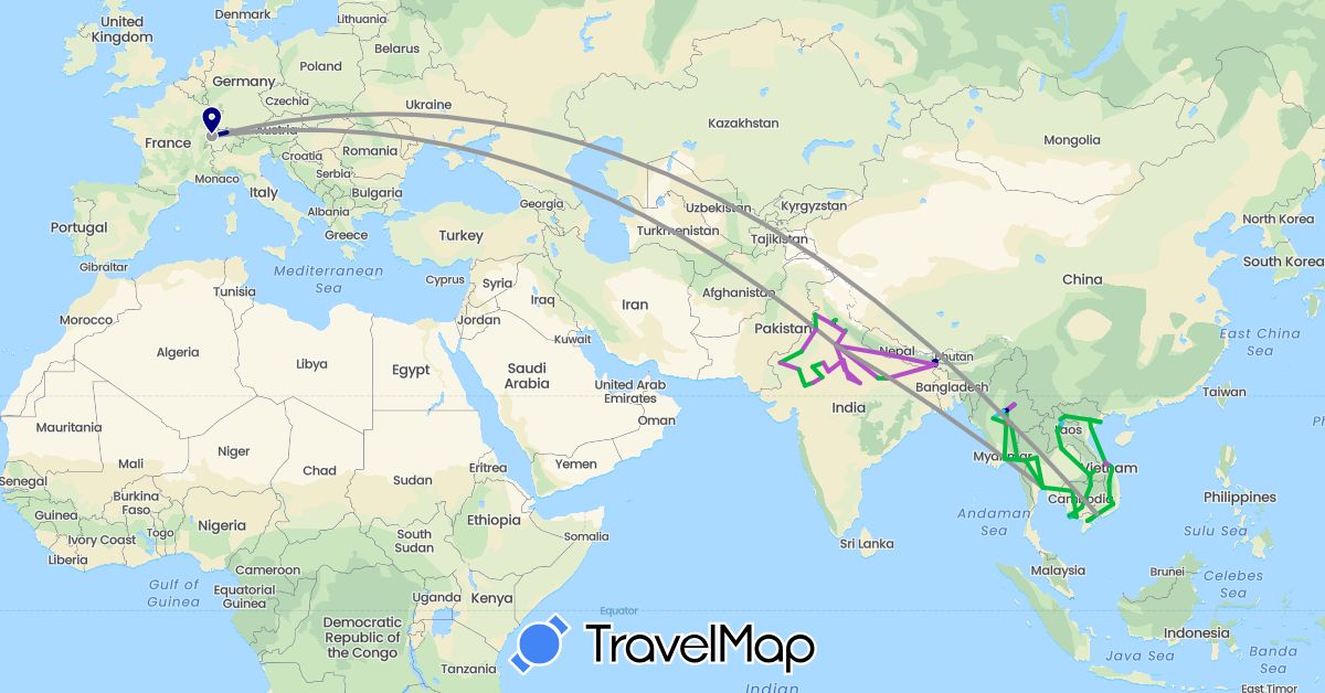 TravelMap itinerary: driving, bus, plane, train, hiking, boat in Switzerland, India, Cambodia, Laos, Myanmar (Burma), Thailand, Vietnam (Asia, Europe)
